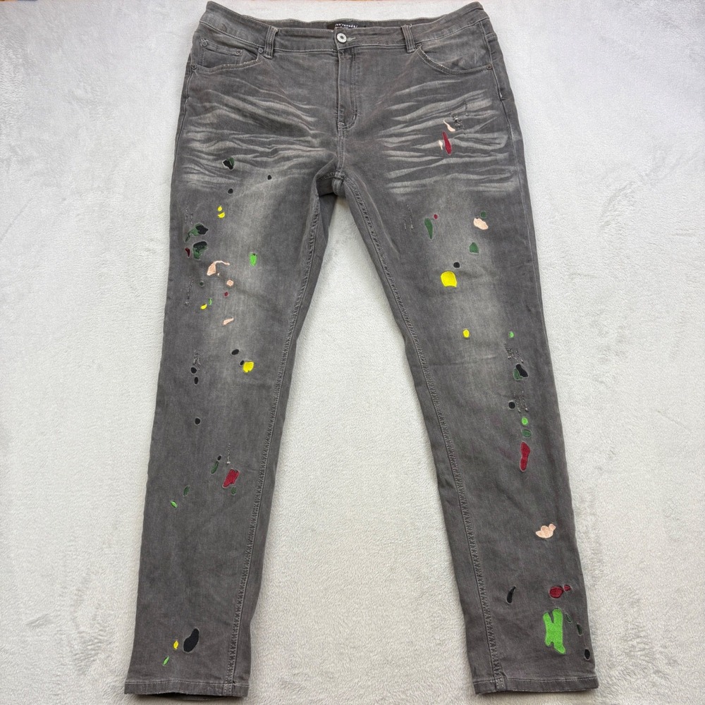 Serenade Jeans Mens 42x34 Gray Picasso Paint Splatter Embroidered Streetwear
